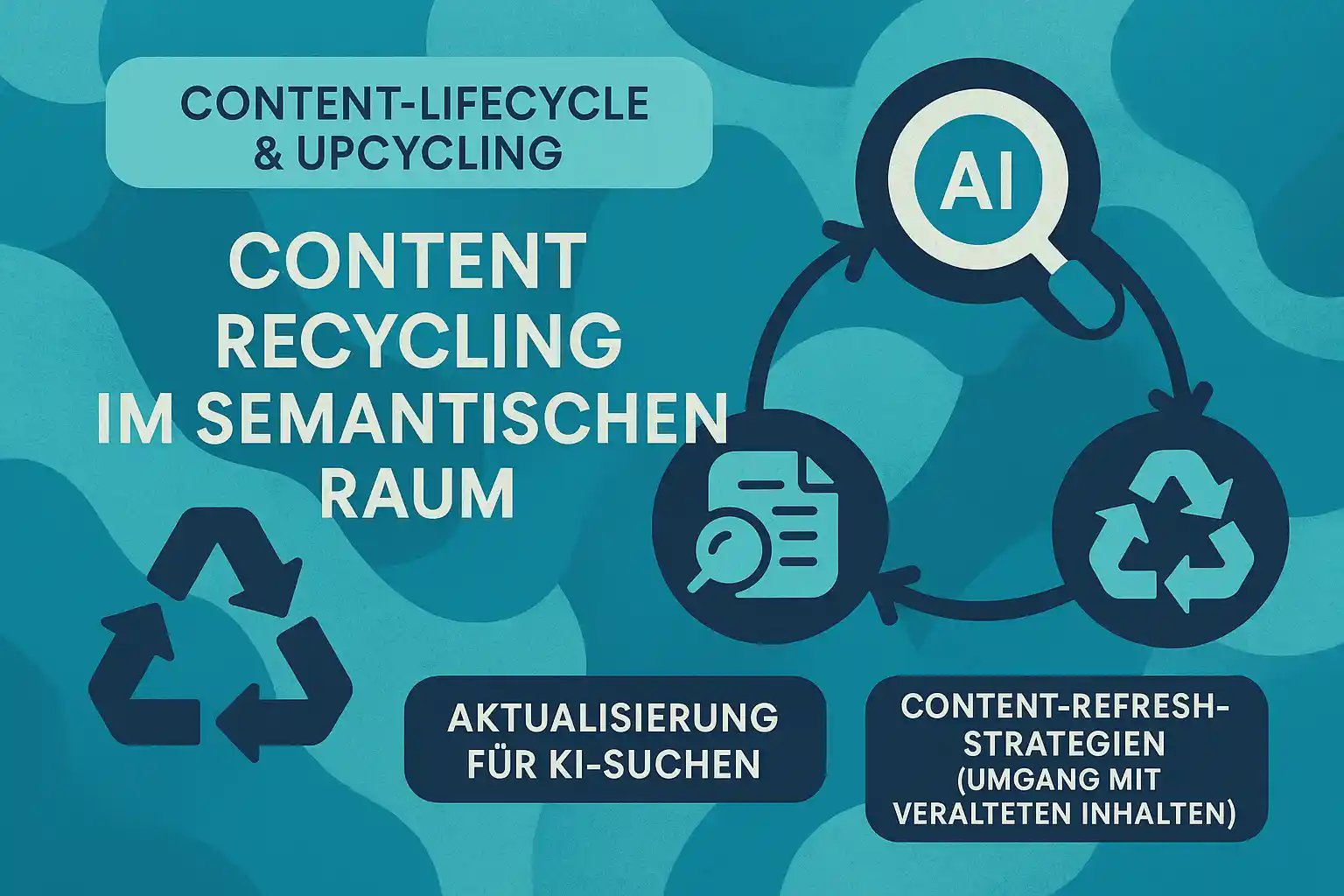 Abstraktes Querformat in Türkis/Blau: Content-Lifecycle, Upcycling und KI-Refresh – eLengua